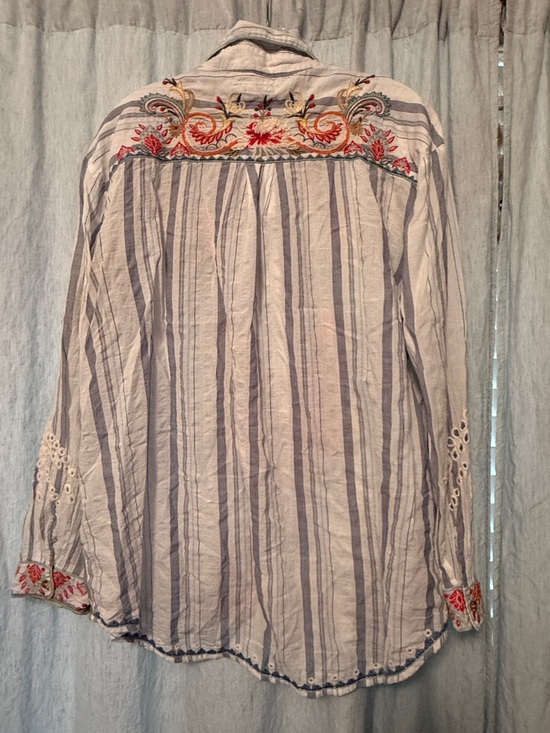 Johnny Was White Striped Button-Down with Red & Gold Embroidery - Picture 2 of 4